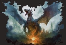 A painting of a dragon breathing fire, perfect for DnD players.