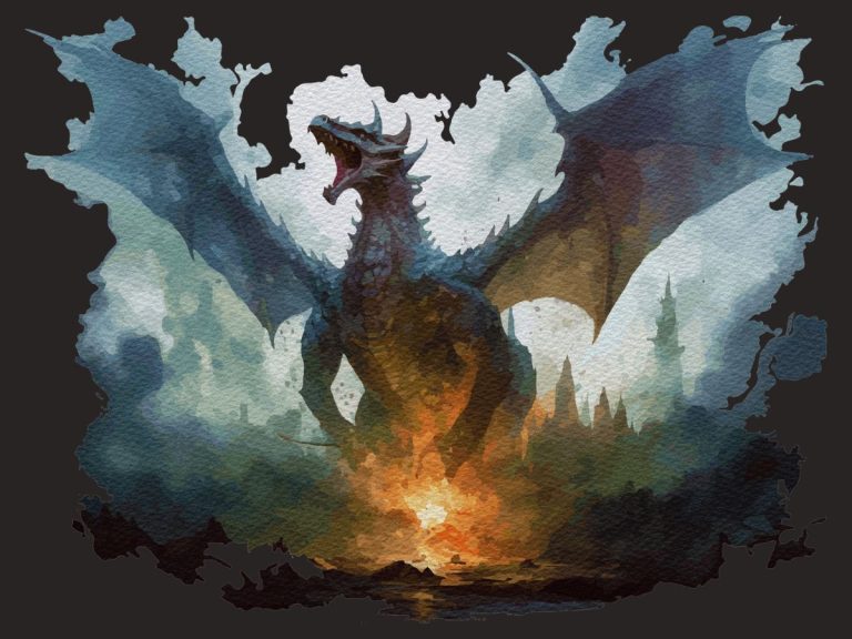 A painting of a dragon breathing fire, perfect for DnD players.