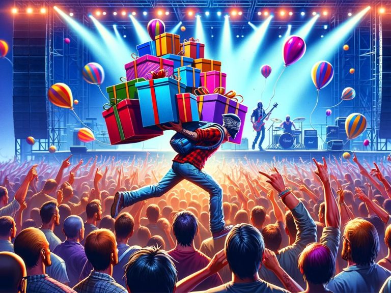 A man carrying a bunch of presents on his back at a concert, surprising music lovers.