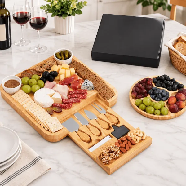 Bamboo charcuterie board set with 4 cheese knives