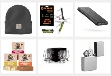 Stocking stuffers for men including a Carhartt beanie, Gerber Dime multitool, Anker power bank, Dr. Squatch soap, Glencairn whisky glasses, and a Zippo lighter