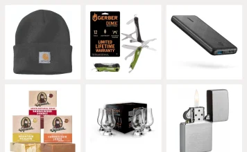 Stocking stuffers for men including a Carhartt beanie, Gerber Dime multitool, Anker power bank, Dr. Squatch soap, Glencairn whisky glasses, and a Zippo lighter