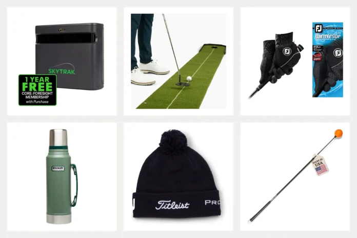 Winter golf gifts including a SkyTrak launch monitor, a putting mat, FootJoy WinterSof gloves, a Stanley thermos, a Titleist pom hat, and an Orange Whip swing trainer